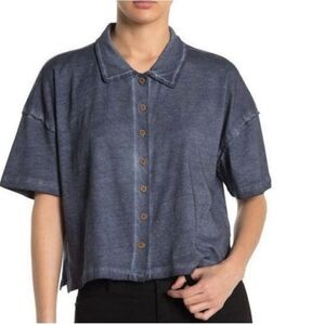 Free People Navy Distressed Button Down Crop Tee Oversized